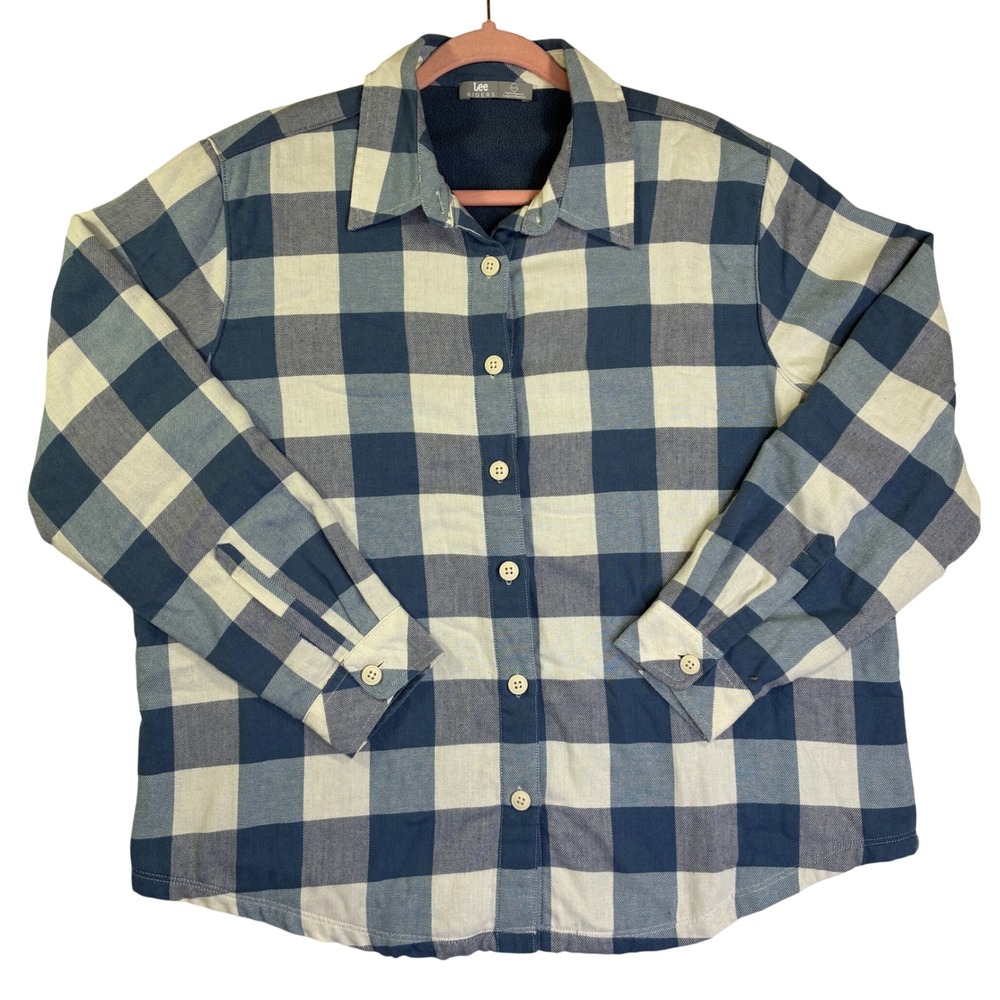 Lee Riders Fleece Lined Plaid Shirt Jacket Blue Cream XL Buffalo Check Shacket